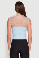 Womens High Neck Mesh Crop Top, Blue, Size M