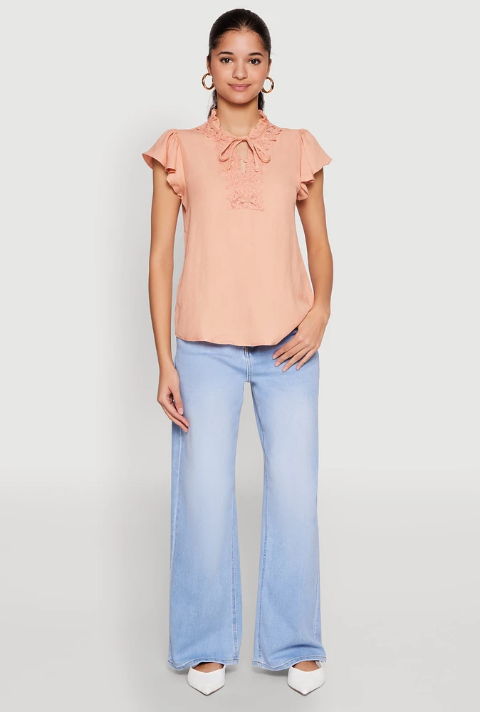Womens Iris Crochet Detail Flounce Sleeve Blouse, L