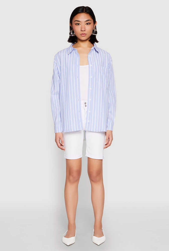 Womens Iris Striped Linen Button Front Shirt, Blue,