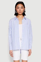 Womens Iris Striped Linen Button Front Shirt, Blue,