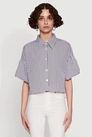 Womens Chic Bubble Sleeve Button Front Cropped Shirt, Multi, Size L