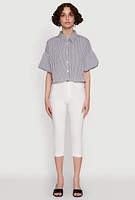 Womens Chic Bubble Sleeve Button Front Cropped Shirt, Multi, Size L