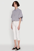 Womens Chic Bubble Sleeve Button Front Cropped Shirt, Multi, Size L