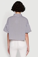 Womens Chic Bubble Sleeve Button Front Cropped Shirt, Multi, Size L