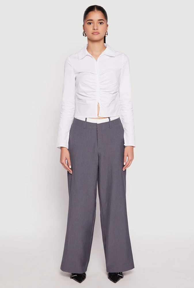Womens Ruched Double Zip Front Shirt, White, Size M