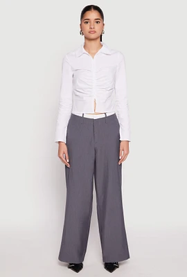 Womens Ruched Double Zip Front Shirt, White, Size M
