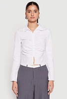 Womens Ruched Double Zip Front Shirt, White, Size S