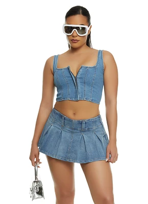 Womens Denim Zip Up Bustier Crop Top, Blue, Size M