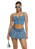 Womens Denim Zip Up Bustier Crop Top, Blue, Size M
