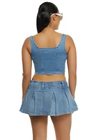 Womens Denim Zip Up Bustier Crop Top, Blue, Size M