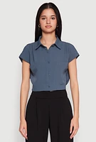 Womens Cap Sleeve Cropped Shirt, Blue, Size M