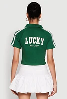 Womens Since 1984 Graphic Cropped Polo Shirt, Green,