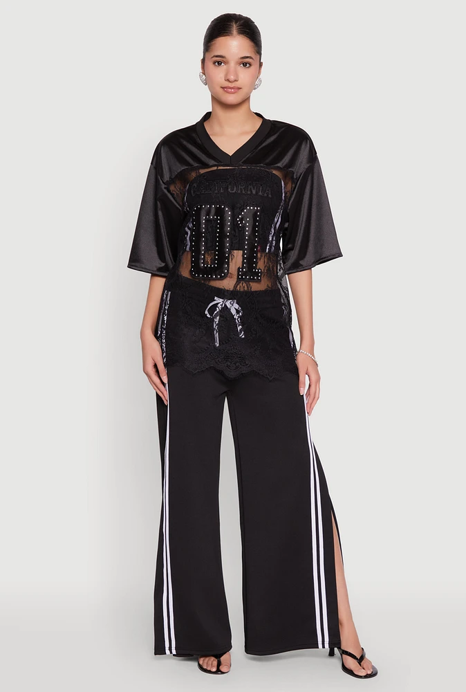 Womens Satin Detail California Graphic Top, Black, Size M