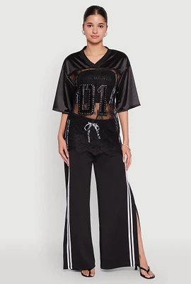 Womens Satin Detail California Graphic Top, Black, Size M