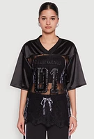 Womens Satin Detail California Graphic Top, Black, Size M