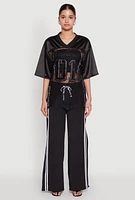 Womens Satin Detail California Graphic Top, Black, Size M