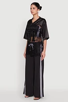 Womens Satin Detail California Graphic Top, Black, Size M