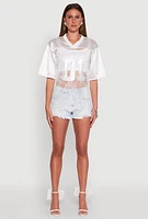 Womens Satin Detail California Graphic Top, White,