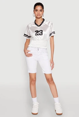 Womens Satin Smocked 23 Football Crop Top, White,
