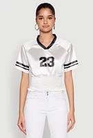 Womens Satin Smocked 23 Football Crop Top, White,
