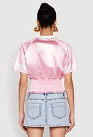 Womens Satin Smocked 23 Football Crop Top, Pink, Size S