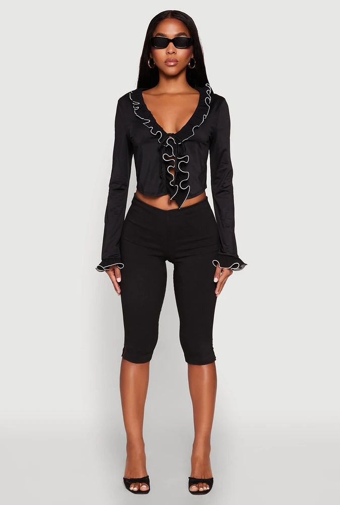 Womens Ruffle Trim Tie Front Crop Top,