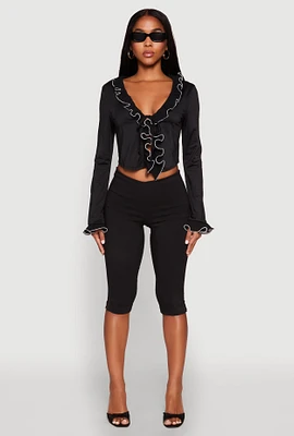 Womens Ruffle Trim Tie Front Crop Top,