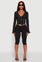 Womens Ruffle Trim Tie Front Crop Top,