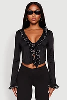 Womens Ruffle Trim Tie Front Crop Top,