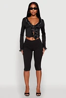Womens Ruffle Trim Tie Front Crop Top,