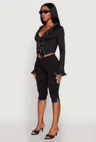 Womens Ruffle Trim Tie Front Crop Top,