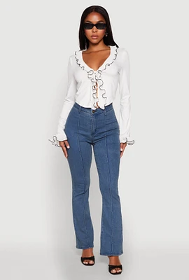 Womens Ruffle Trim Tie Front Crop Top, White, Size XL