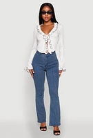 Womens Ruffle Trim Tie Front Crop Top, White, Size XL