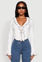 Womens Ruffle Trim Tie Front Crop Top, White, Size XL