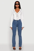 Womens Ruffle Trim Tie Front Crop Top, White, Size XL