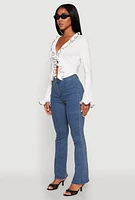 Womens Ruffle Trim Tie Front Crop Top, White, Size XL
