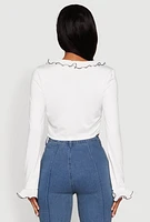 Womens Ruffle Trim Tie Front Crop Top, White, Size XL