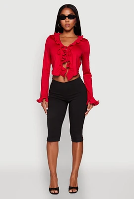 Womens Ruffle Trim Tie Front Crop Top, Red,