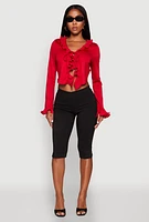 Womens Ruffle Trim Tie Front Crop Top, Red,