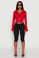 Womens Ruffle Trim Tie Front Crop Top, Red,
