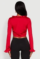 Womens Ruffle Trim Tie Front Crop Top, Red,