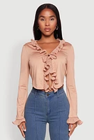 Womens Ruffle Trim Tie Front Crop Top, Beige, Size S