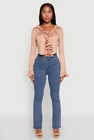 Womens Ruffle Trim Tie Front Crop Top, Beige, Size S