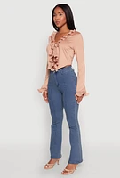 Womens Ruffle Trim Tie Front Crop Top, Beige, Size S