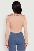Womens Ruffle Trim Tie Front Crop Top, Beige, Size S