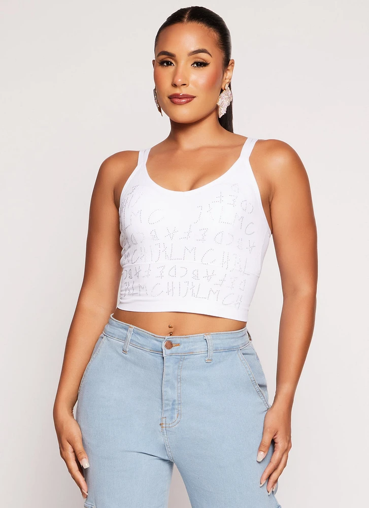 Womens Seamless Ribbed Rhinestone Alphabet Graphic Cami, White, Size S-M