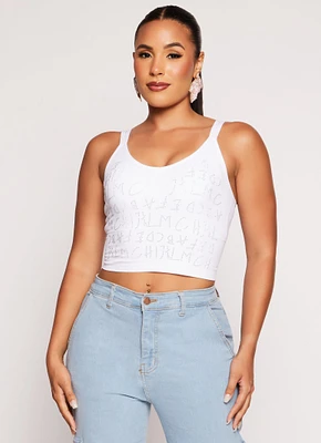 Womens Seamless Ribbed Rhinestone Alphabet Graphic Cami, White, Size S-M