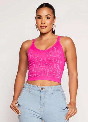 Womens Seamless Ribbed Rhinestone Alphabet Graphic Cami, Pink, Size M-L