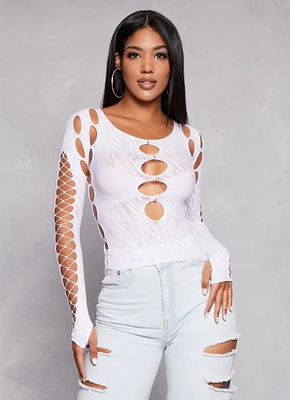 Womens Seamless Fishnet Detail Cut Out Top, White