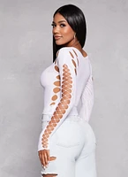 Womens Seamless Fishnet Detail Cut Out Top, White